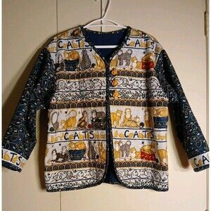 Womens S-M Cats Tapestry Quilted Longsle Jacket/Cat Button VIBRANT COLORS